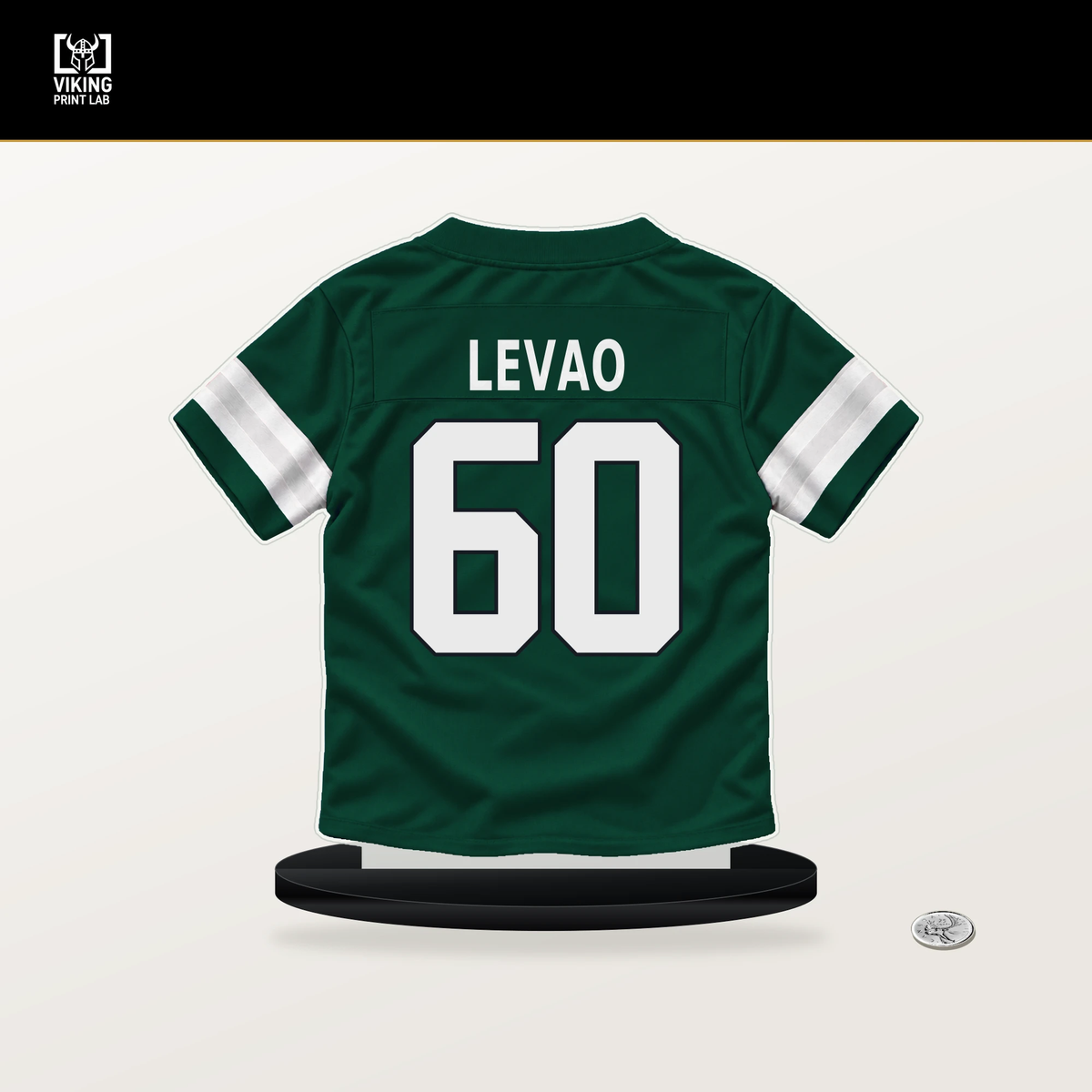 Kohl Levao number 60 New York Jets jersey stand with included black base.