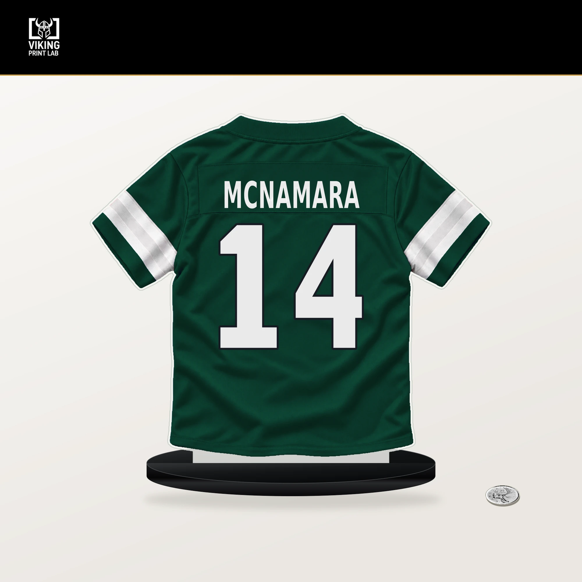 Austin McNamara number 14 New York Jets jersey stand with included black base.