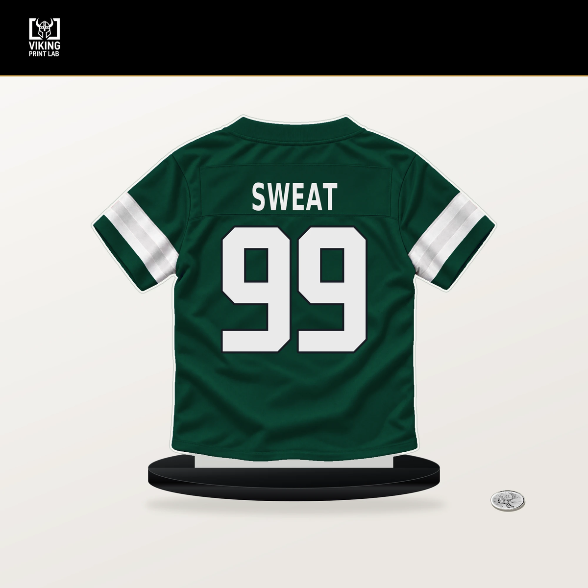 T'Vondre Sweat number 99 New York Jets jersey stand with included black base.