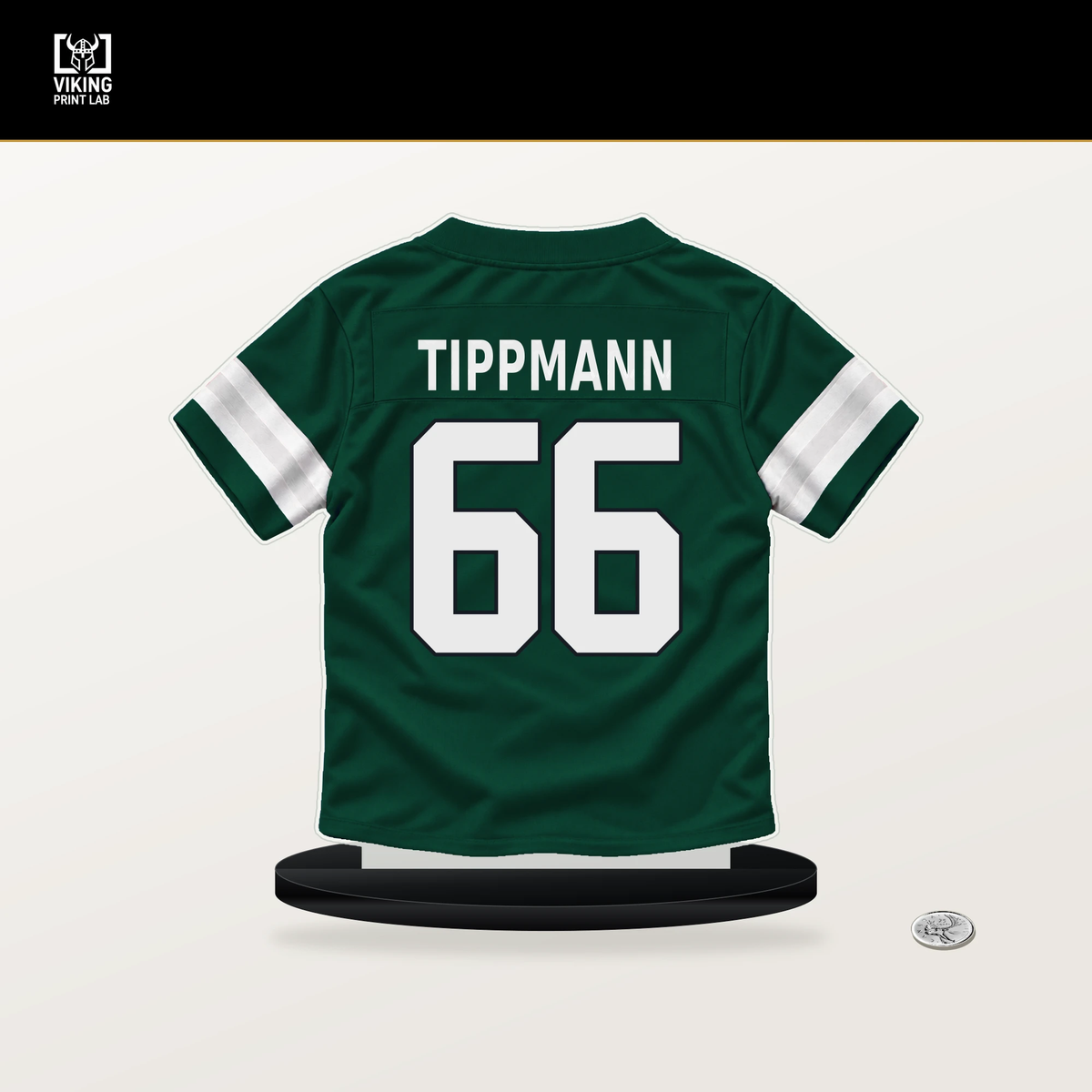 Joe Tippmann number 66 New York Jets jersey stand with included black base.