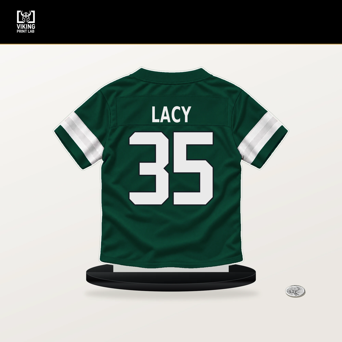 Caullin Lacy number 35 New York Jets jersey stand with included black base.