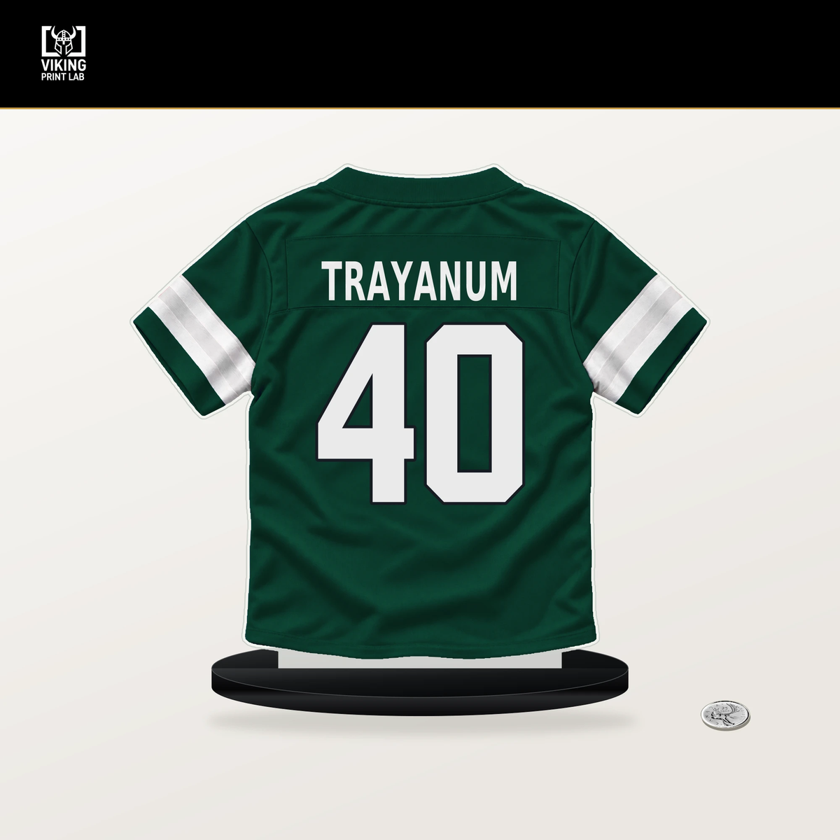 Chip Trayanum number 40 New York Jets jersey stand with included black base.
