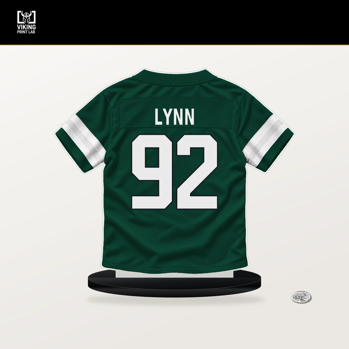 Nate Lynn number 92 New York Jets jersey stand with included black base.