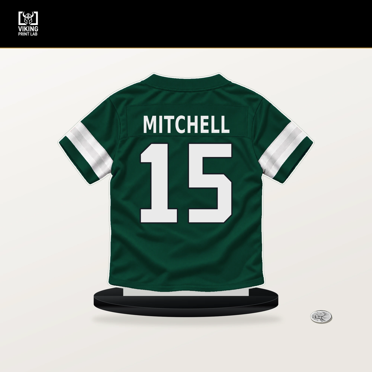 Adonai Mitchell number 15 New York Jets jersey stand with included black base.