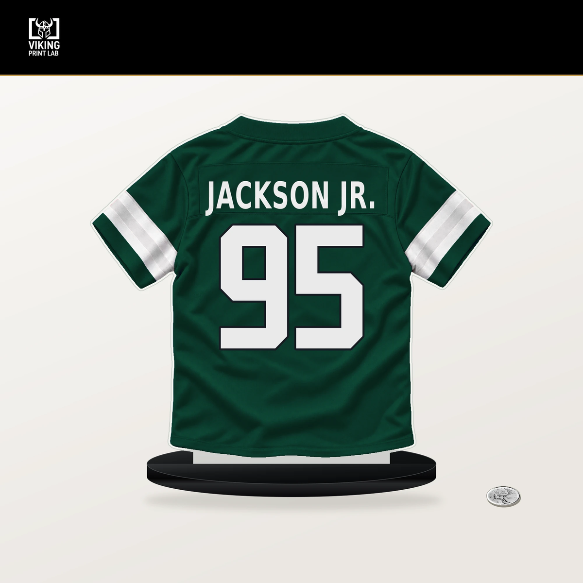 Darrell Jackson Jr. number 95 New York Jets jersey stand with included black base.