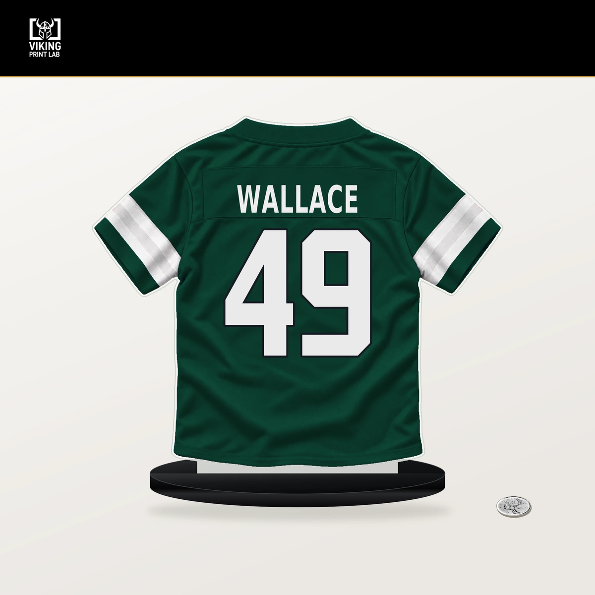 Trevin Wallace number 49 New York Jets jersey stand with included black base.