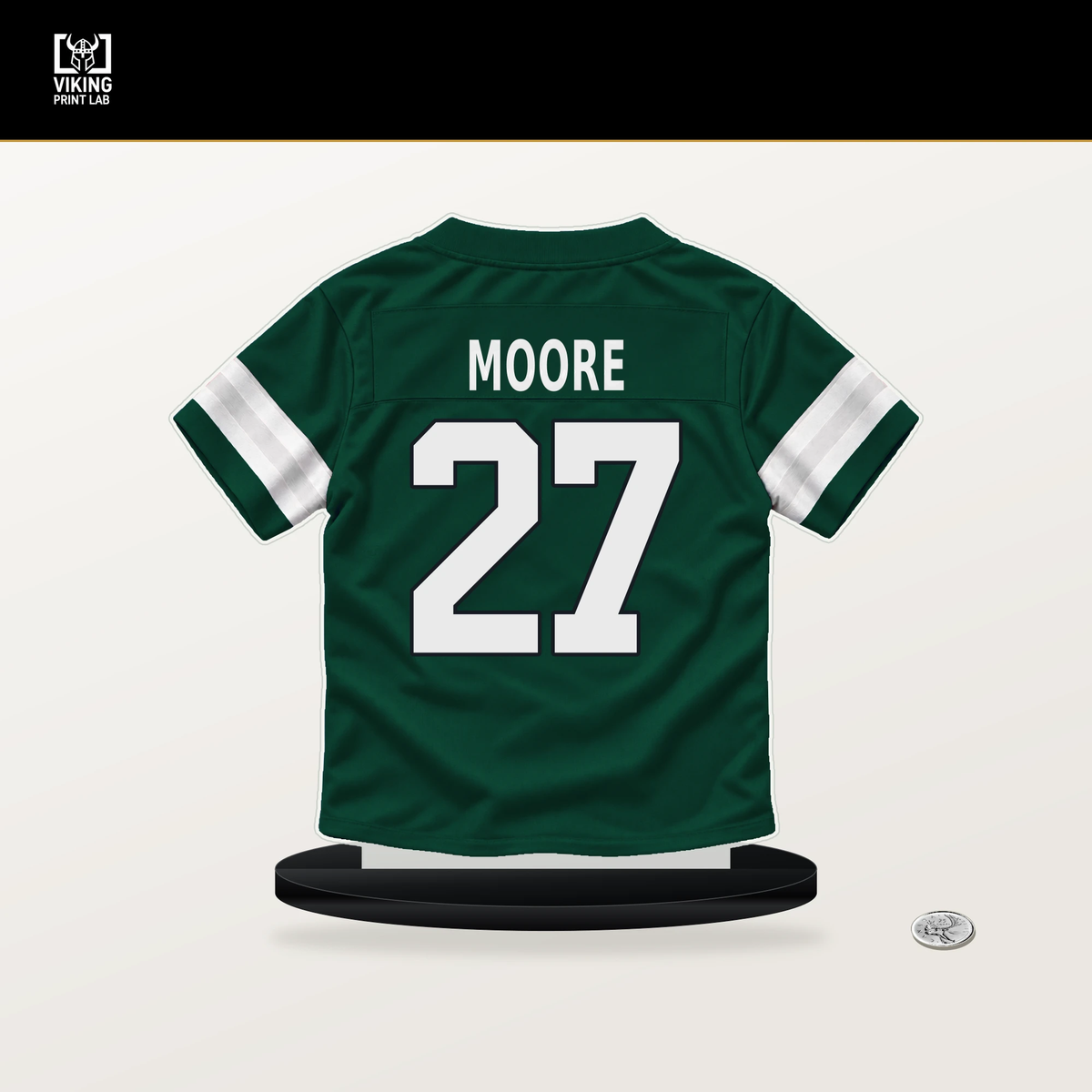 Malachi Moore number 27 New York Jets jersey stand with included black base.