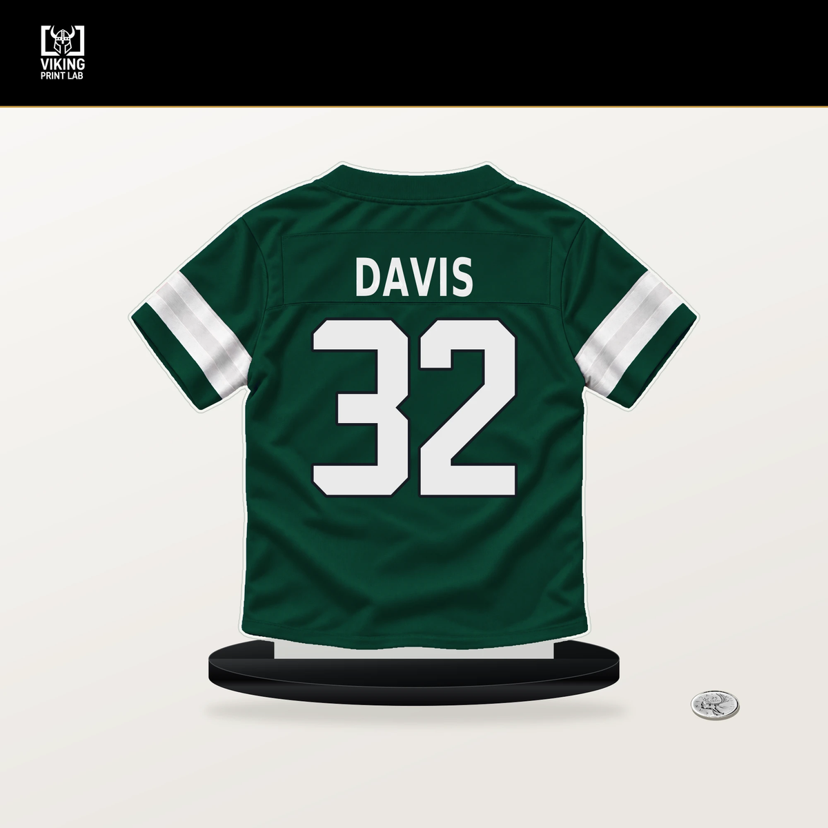 Isaiah Davis number 32 New York Jets jersey stand with included black base.
