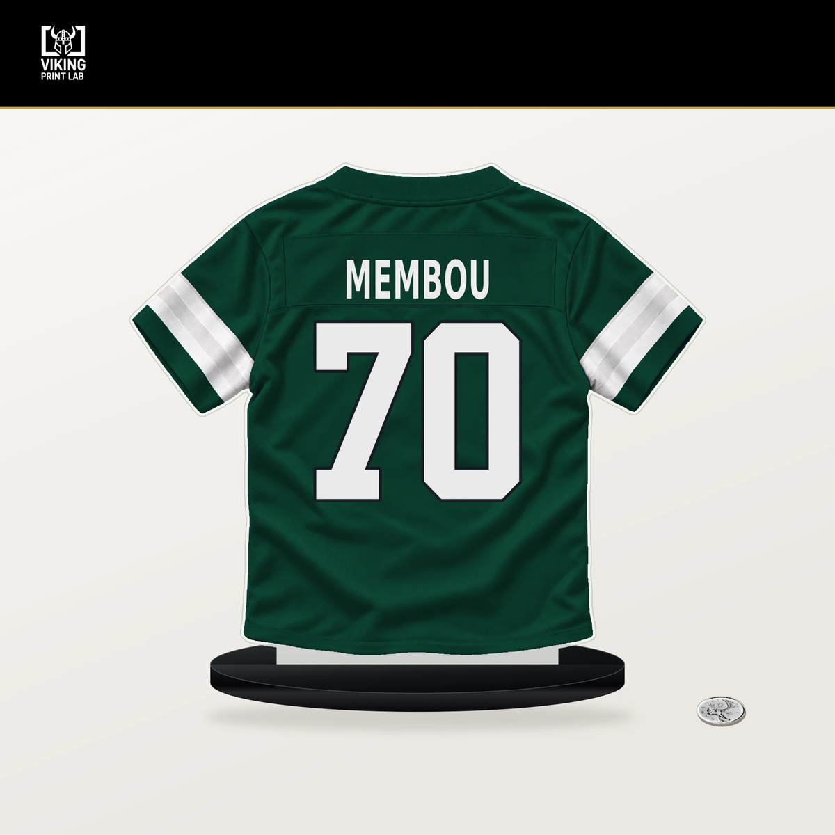 Armand Membou number 70 New York Jets jersey stand with included black base.