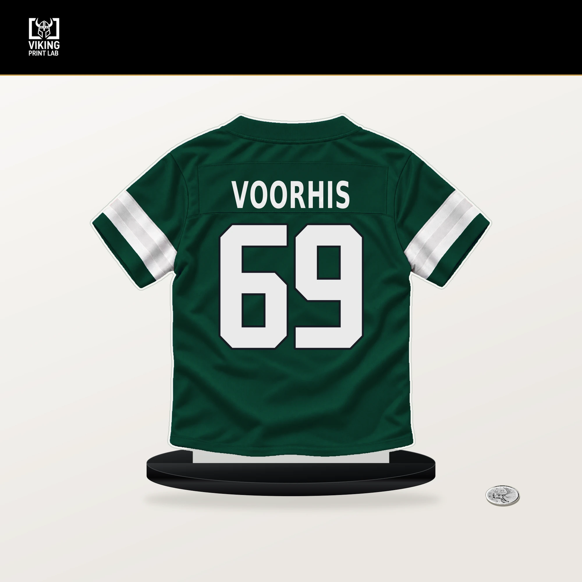 Nathan Voorhis number 69 New York Jets jersey stand with included black base.