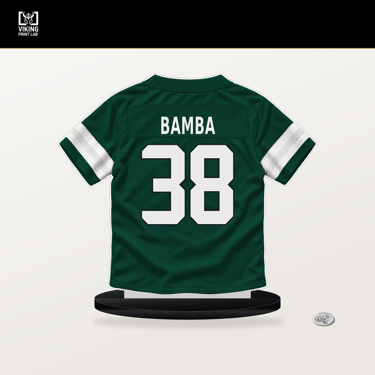 Mory Bamba number 38 New York Jets jersey stand with included black base.