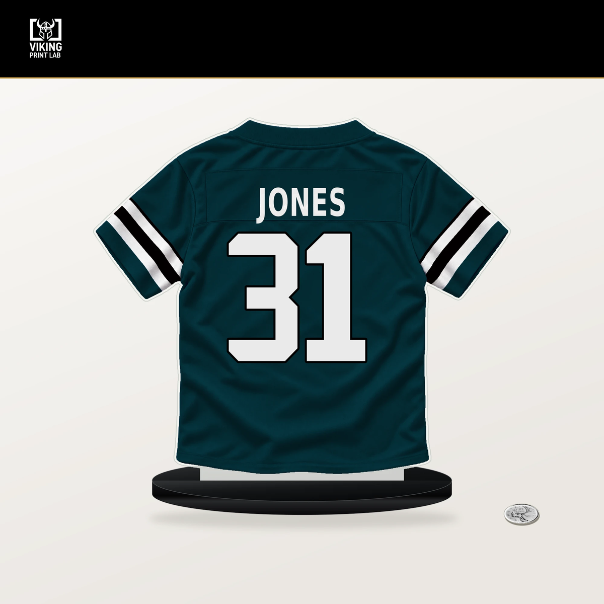 Jonathan Jones number 31 Philadelphia Eagles jersey stand with included black base.