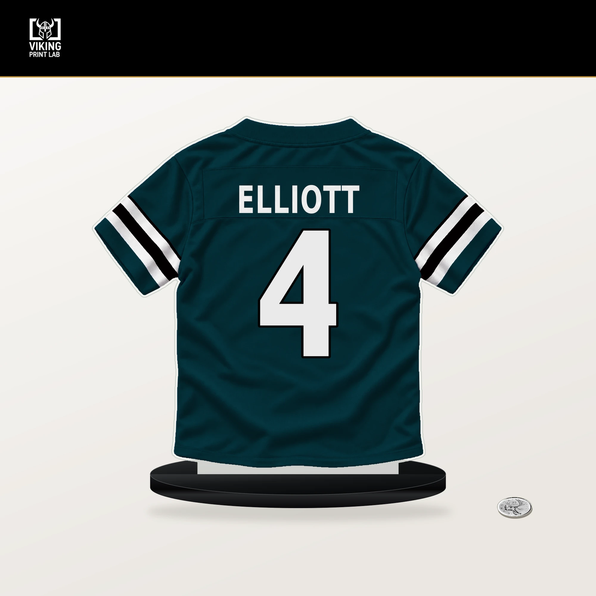 Jake Elliott number 4 Philadelphia Eagles jersey stand with included black base.