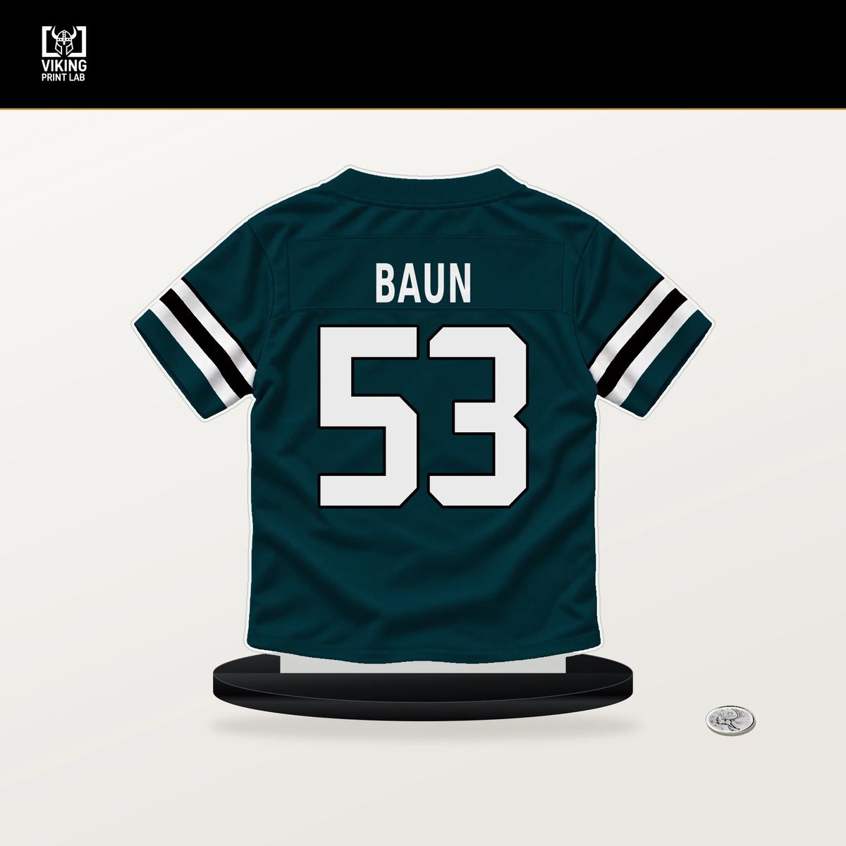 Zack Baun number 53 Philadelphia Eagles jersey stand with included black base.