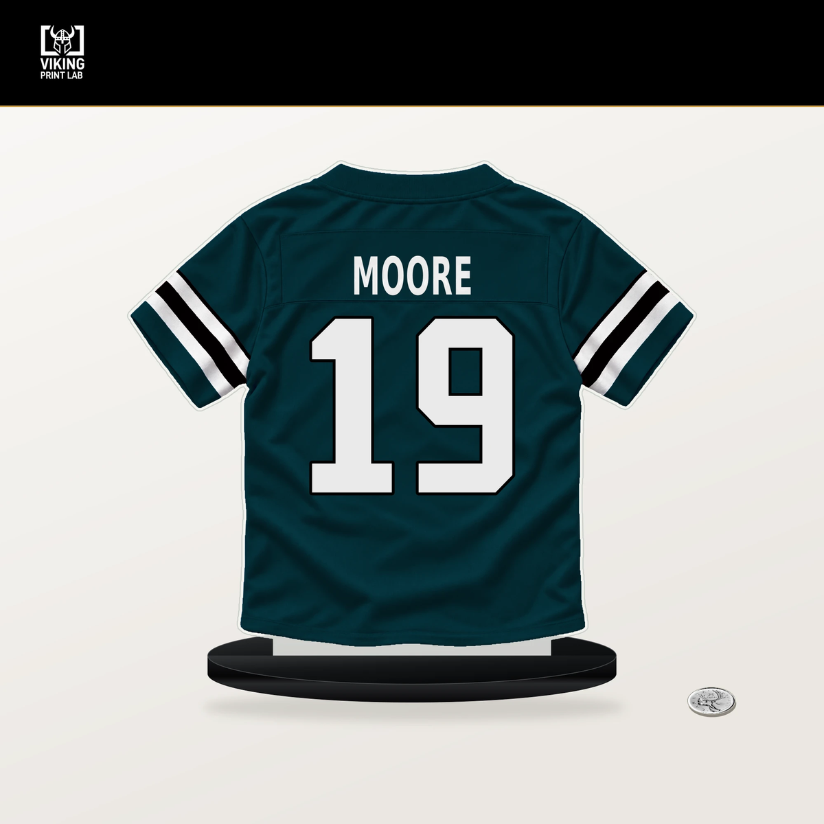 Elijah Moore number 19 Philadelphia Eagles jersey stand with included black base.
