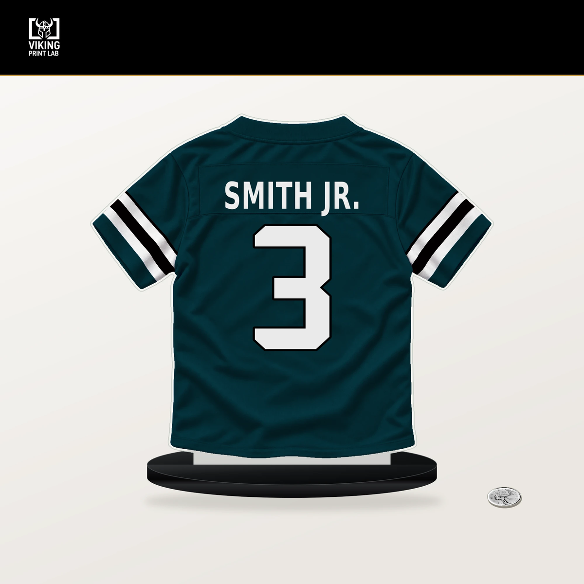 Nolan Smith Jr. number 3 Philadelphia Eagles jersey stand with included black base.