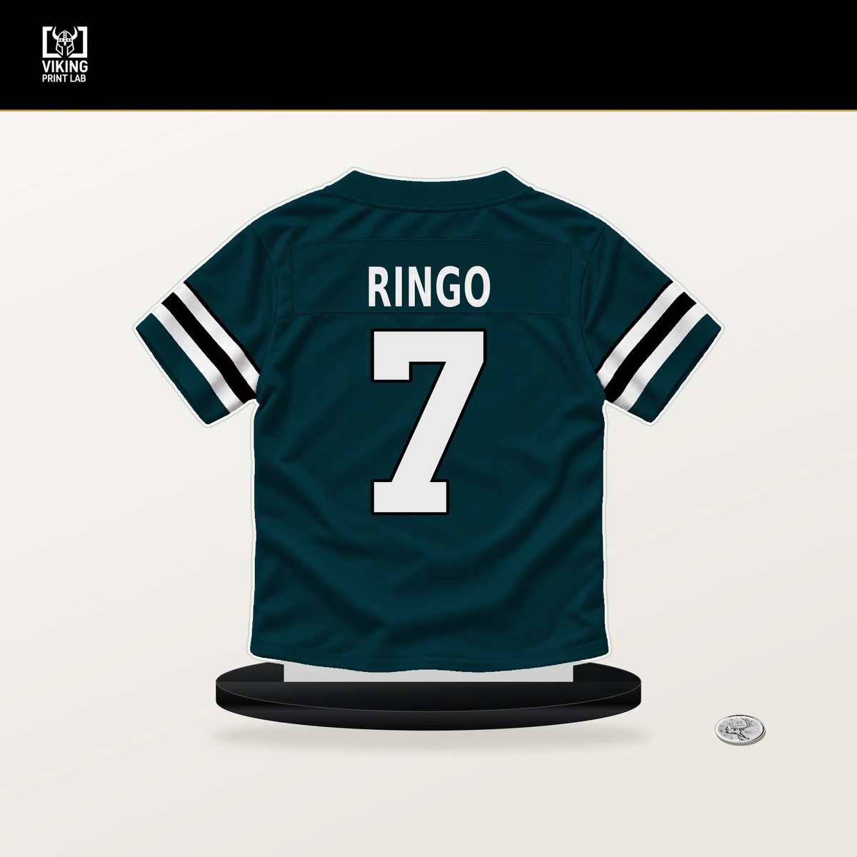 Kelee Ringo number 7 Philadelphia Eagles jersey stand with included black base.
