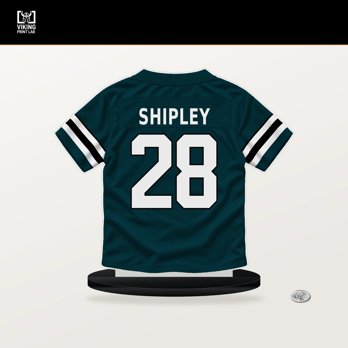 Will Shipley number 28 Philadelphia Eagles jersey stand with included black base.