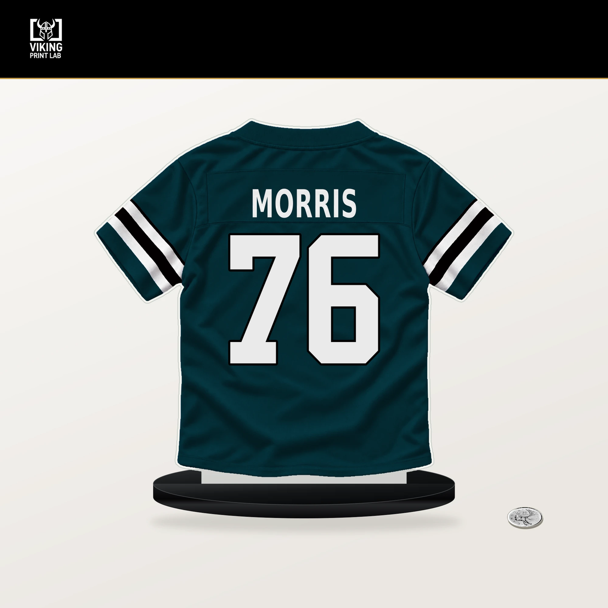 Micah Morris number 76 Philadelphia Eagles jersey stand with included black base.