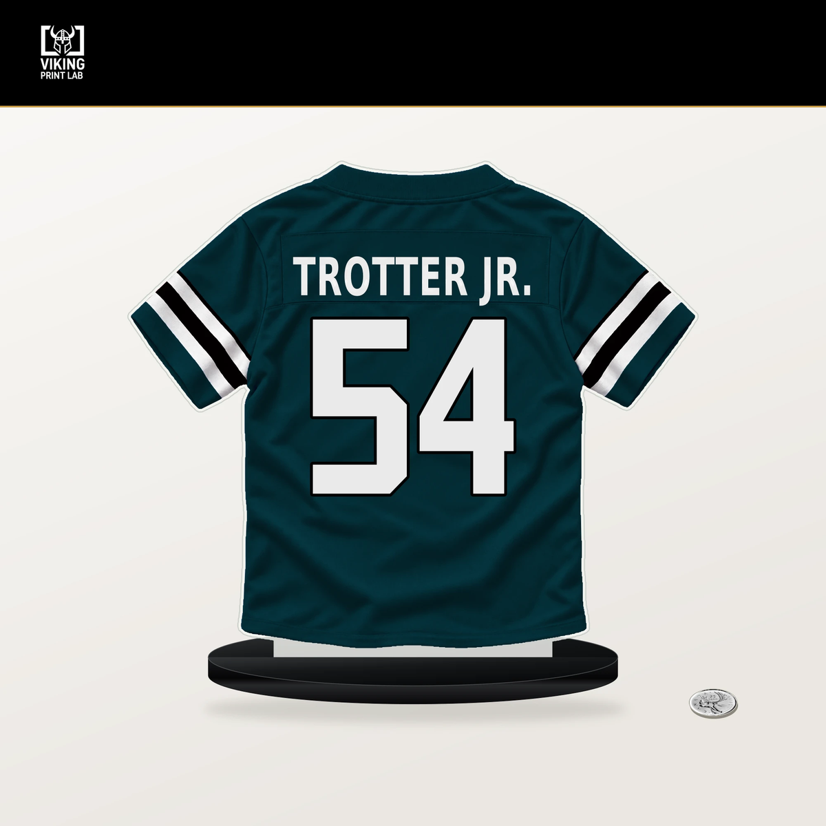 Jeremiah Trotter Jr. number 54 Philadelphia Eagles jersey stand with included black base.