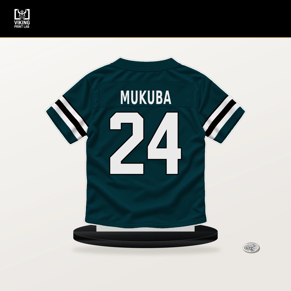 Andrew Mukuba number 24 Philadelphia Eagles jersey stand with included black base.