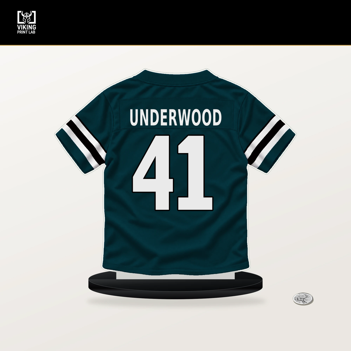 Rocco Underwood number 41 Philadelphia Eagles jersey stand with included black base.