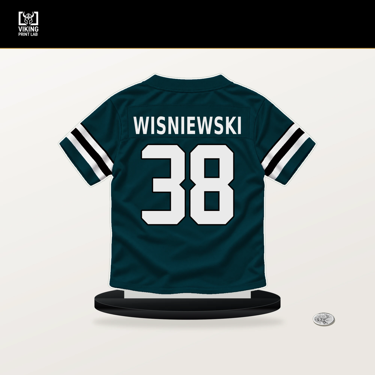 Cole Wisniewski number 38 Philadelphia Eagles jersey stand with included black base.