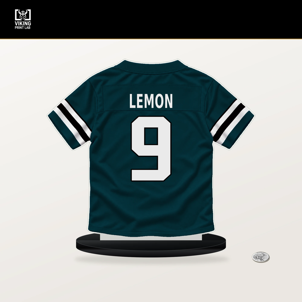 Makai Lemon number 9 Philadelphia Eagles jersey stand with included black base.