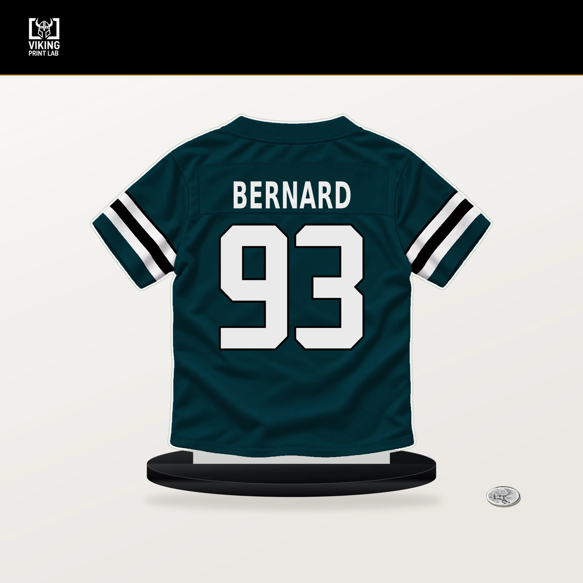 Uar Bernard number 93 Philadelphia Eagles jersey stand with included black base.