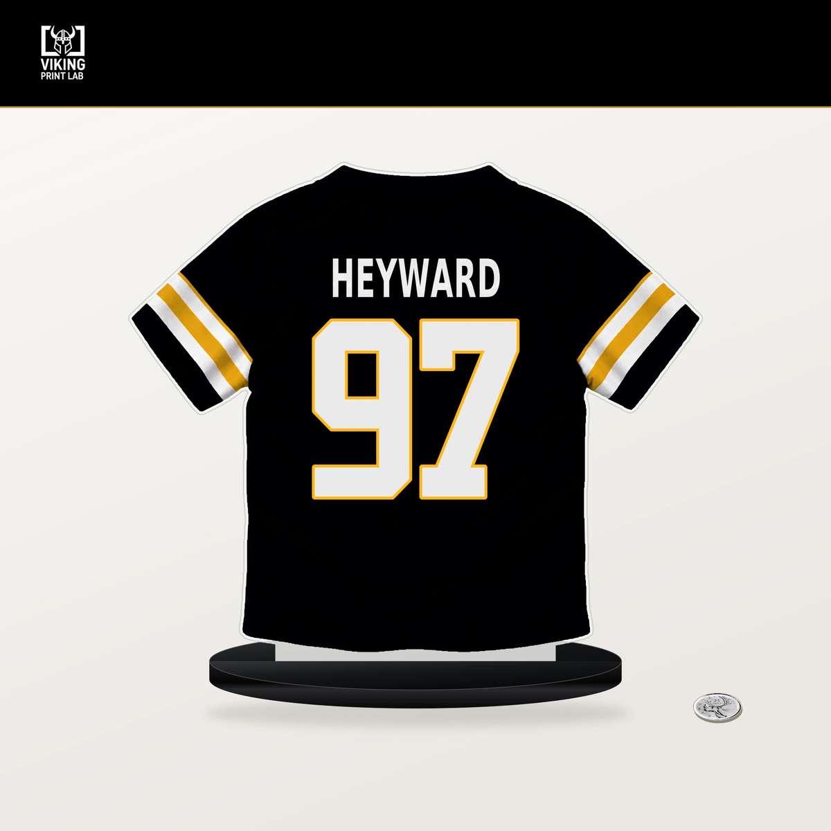 Cameron Heyward number 97 Pittsburgh Steelers jersey stand with included black base.