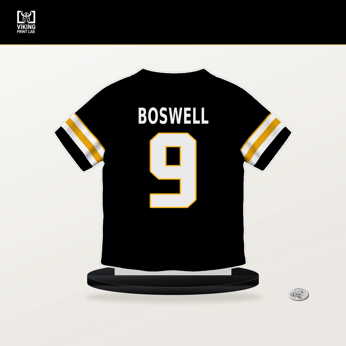 Chris Boswell number 9 Pittsburgh Steelers jersey stand with included black base.