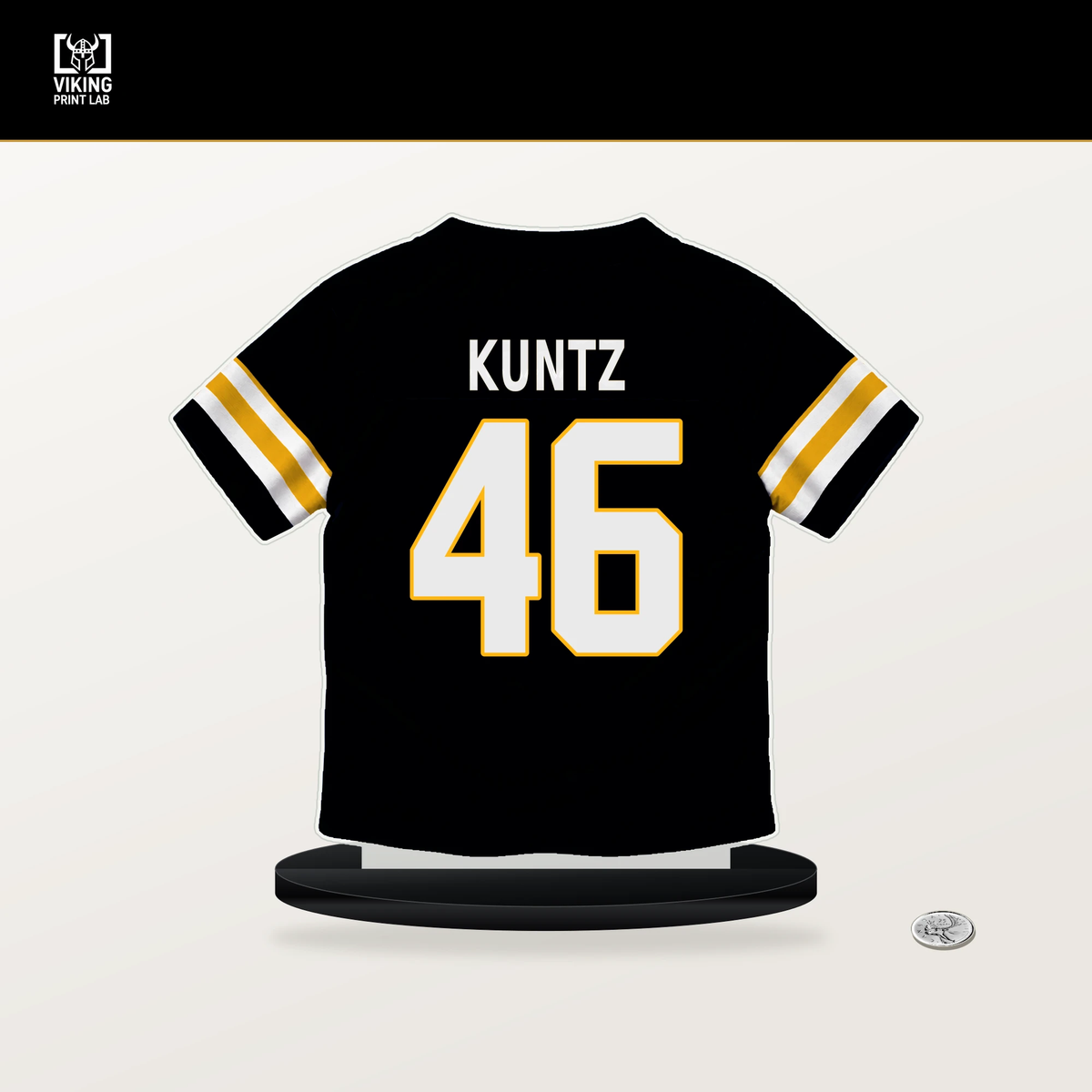 Christian Kuntz number 46 Pittsburgh Steelers jersey stand with included black base.