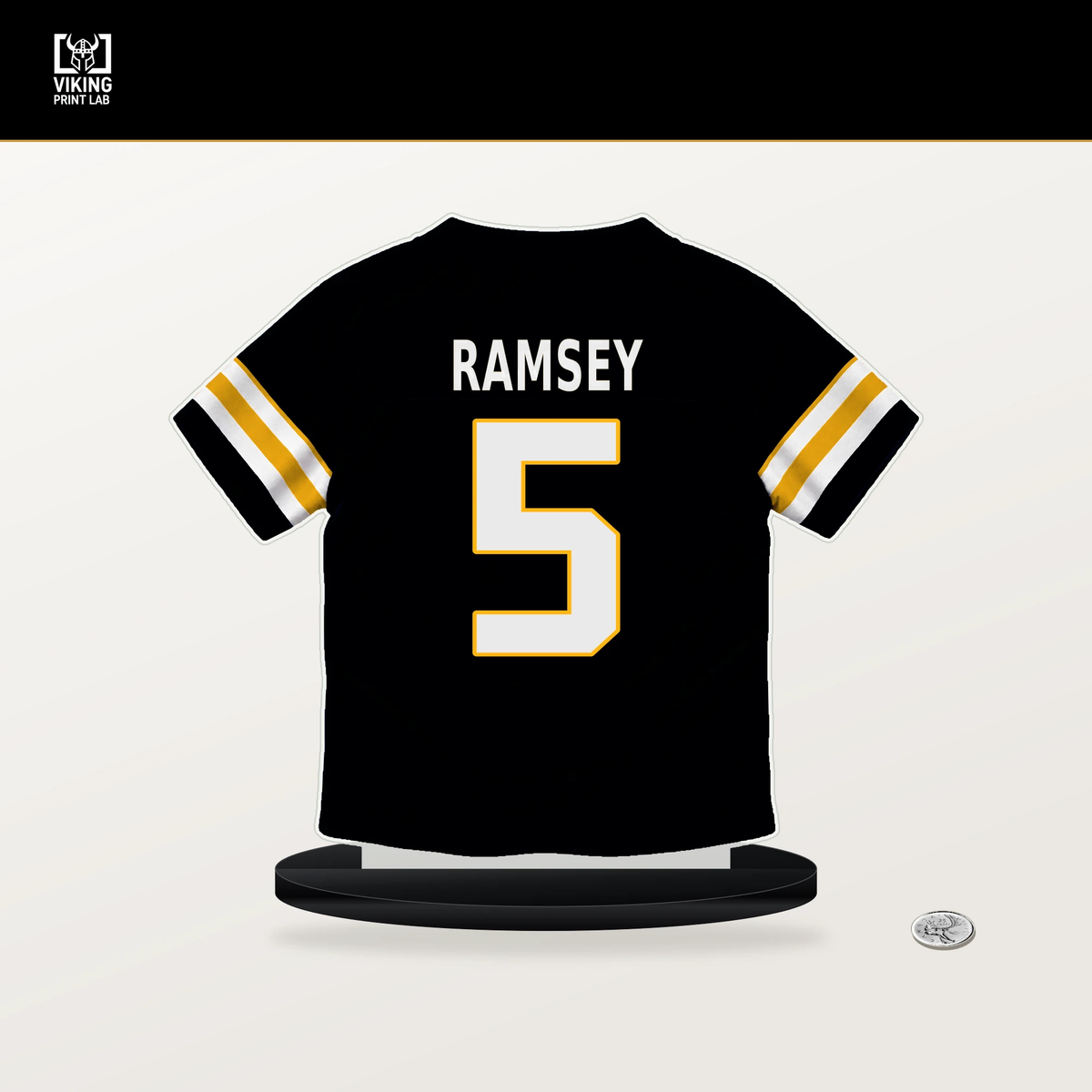 Jalen Ramsey number 5 Pittsburgh Steelers jersey stand with included black base.