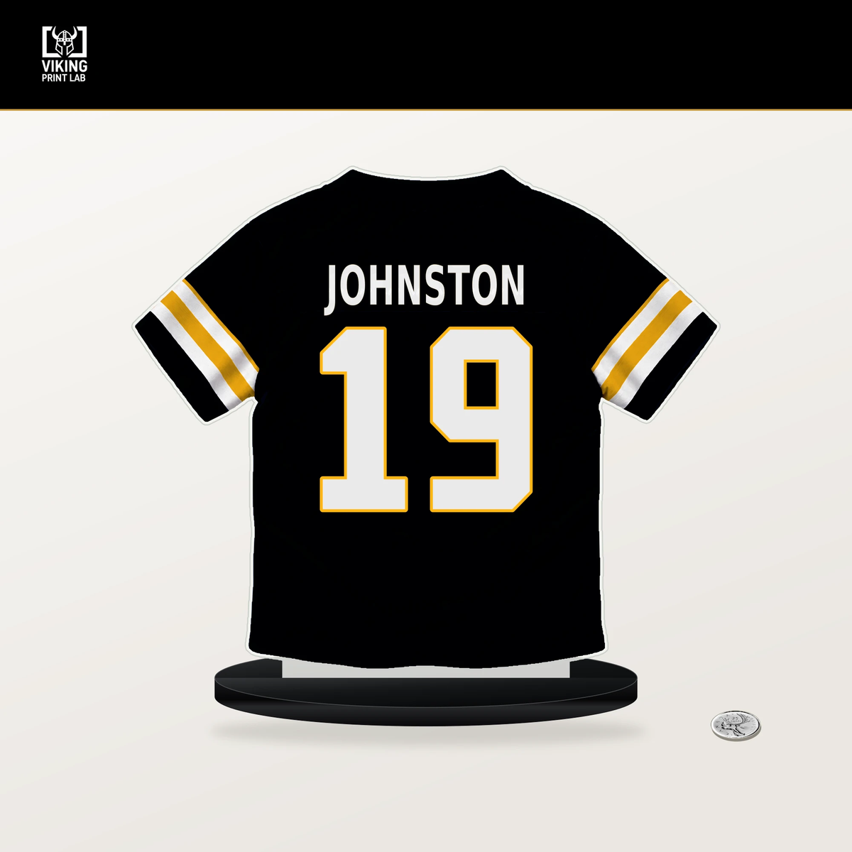 Cameron Johnston number 19 Pittsburgh Steelers jersey stand with included black base.