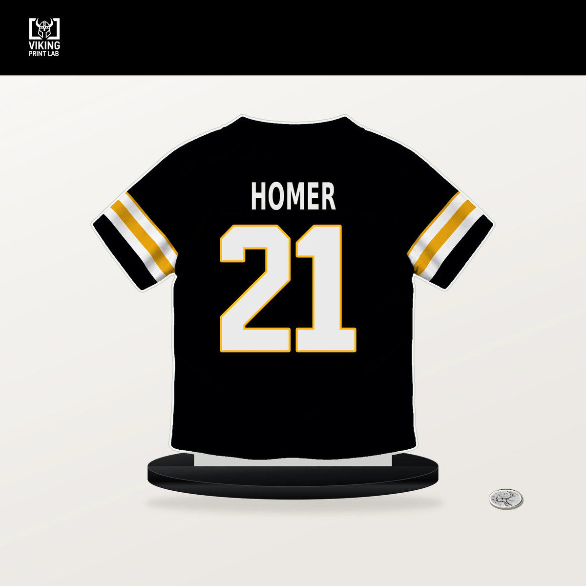 Travis Homer number 21 Pittsburgh Steelers jersey stand with included black base.