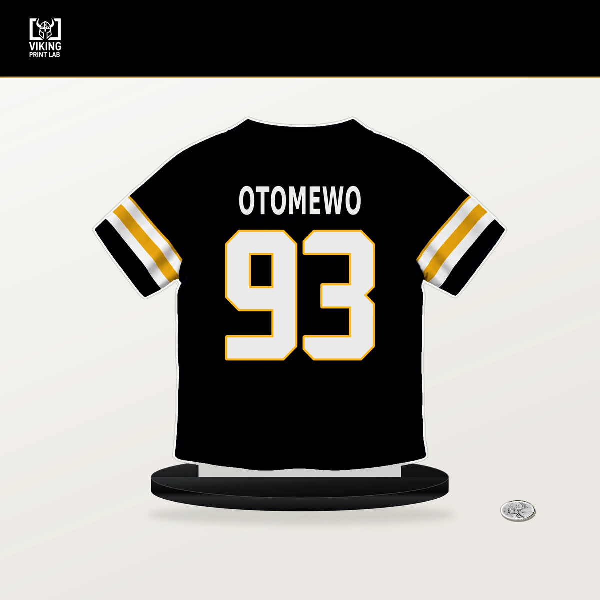 Esezi Otomewo number 93 Pittsburgh Steelers jersey stand with included black base.