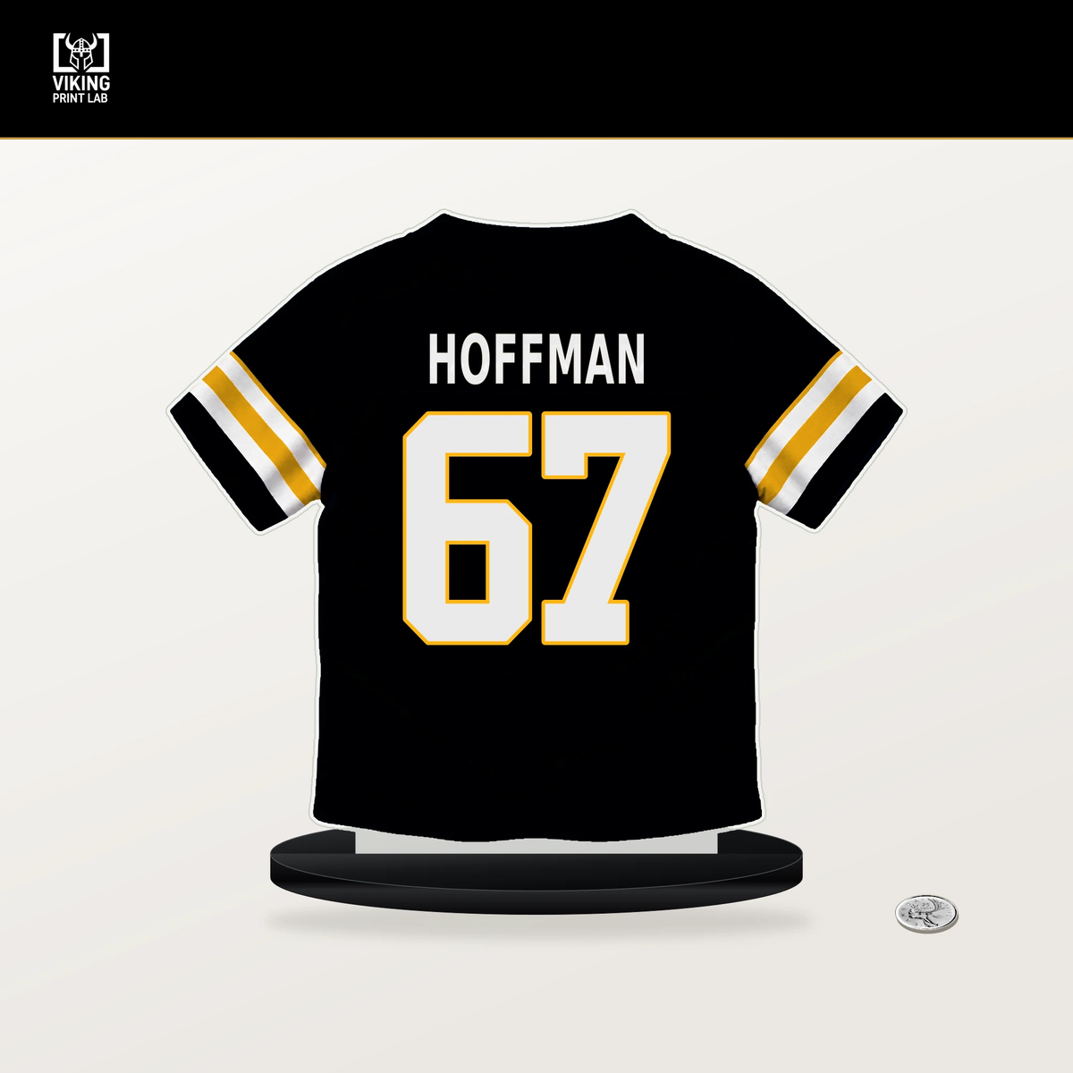 Brock Hoffman number 67 Pittsburgh Steelers jersey stand with included black base.