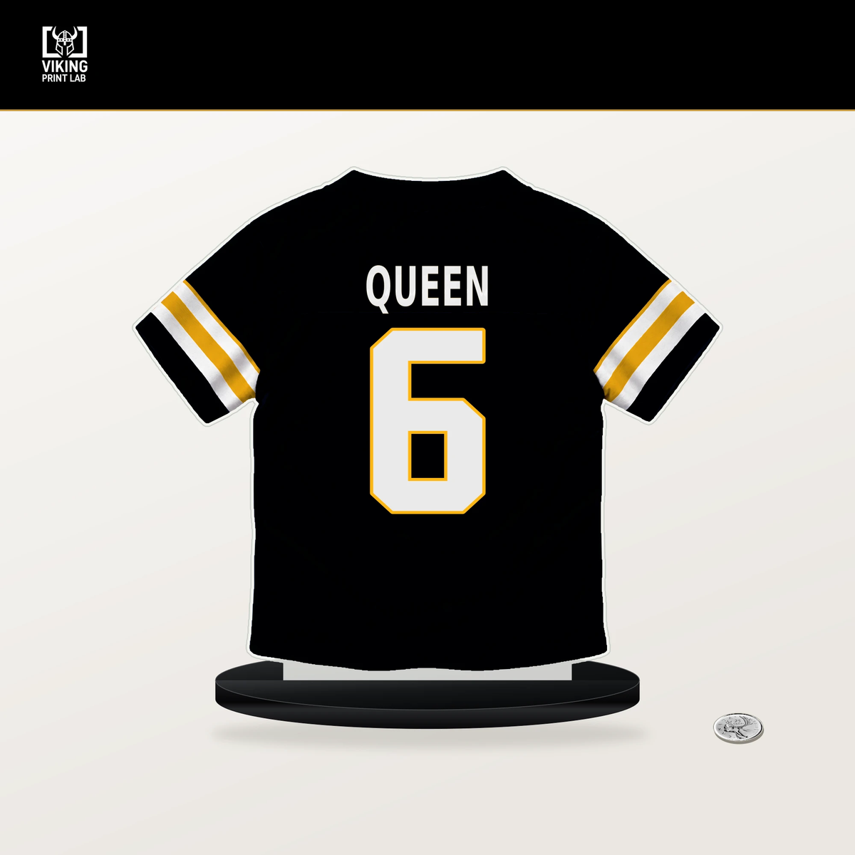 Patrick Queen number 6 Pittsburgh Steelers jersey stand with included black base.