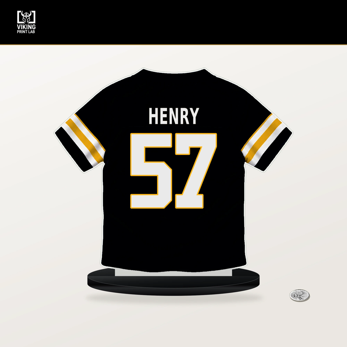 KJ Henry number 57 Pittsburgh Steelers jersey stand with included black base.