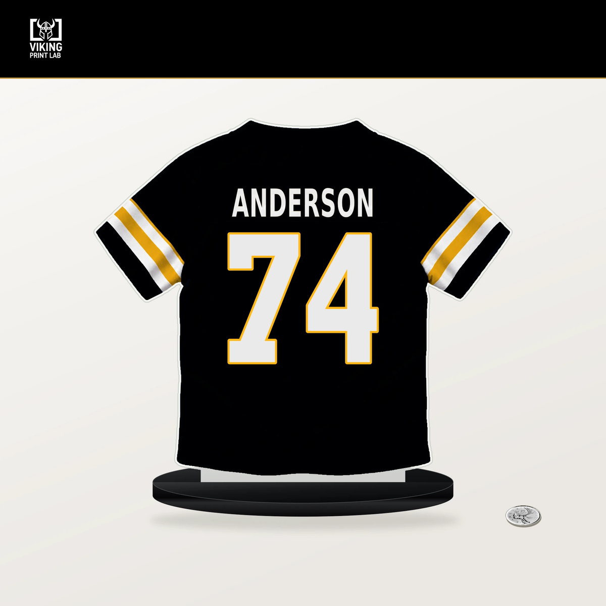 Spencer Anderson number 74 Pittsburgh Steelers jersey stand with included black base.