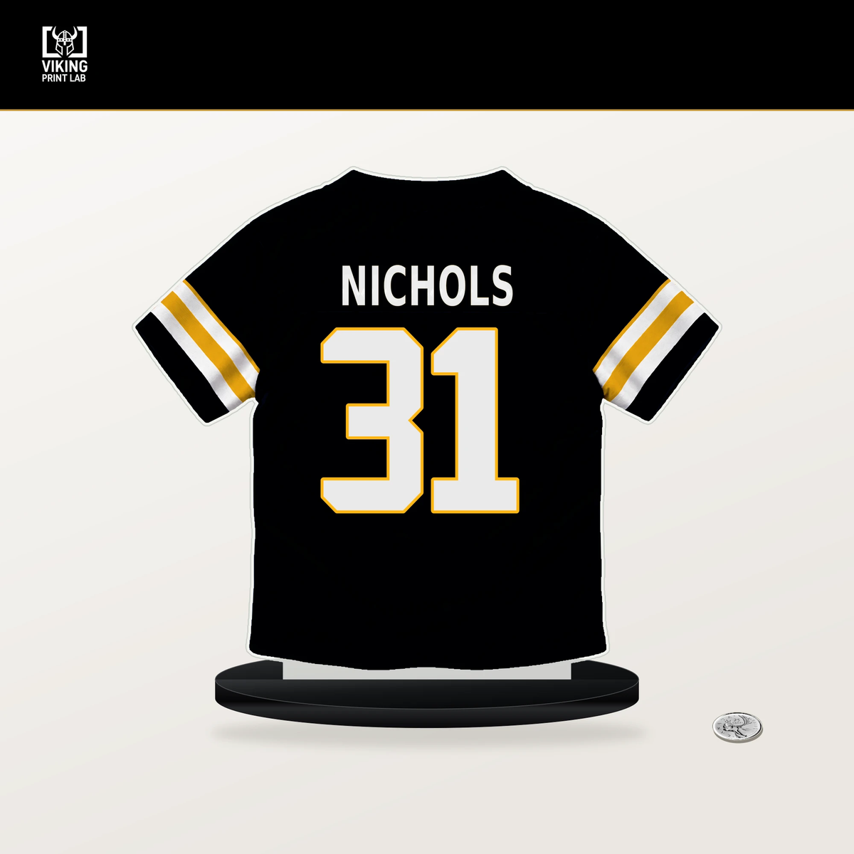 Lew Nichols number 31 Pittsburgh Steelers jersey stand with included black base.