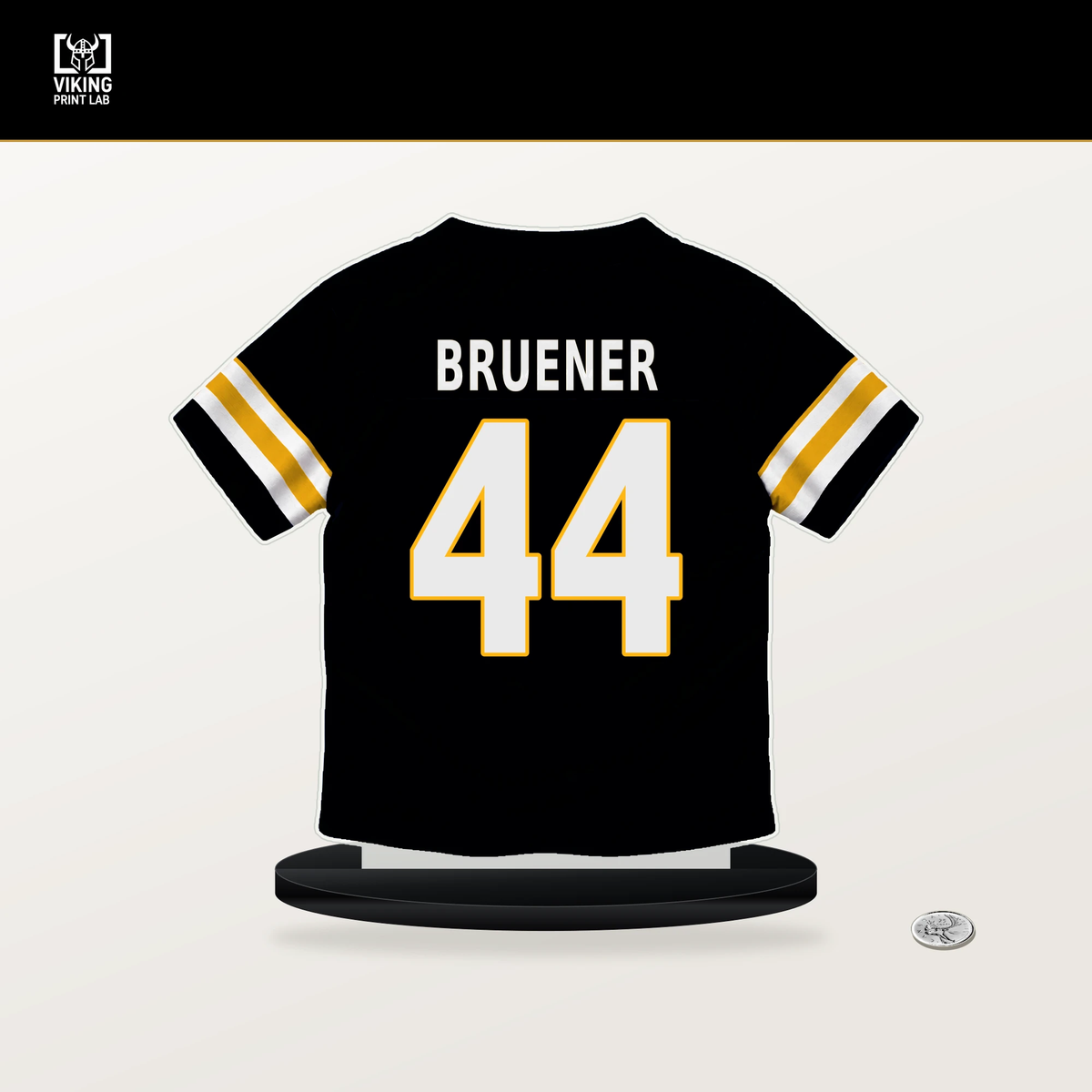 Carson Bruener number 44 Pittsburgh Steelers jersey stand with included black base.