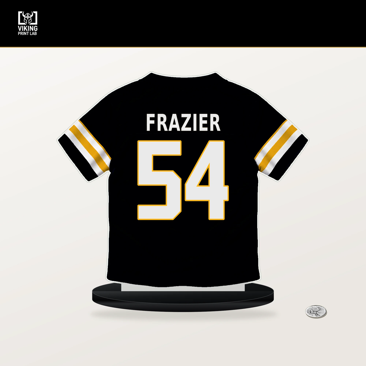 Zach Frazier number 54 Pittsburgh Steelers jersey stand with included black base.