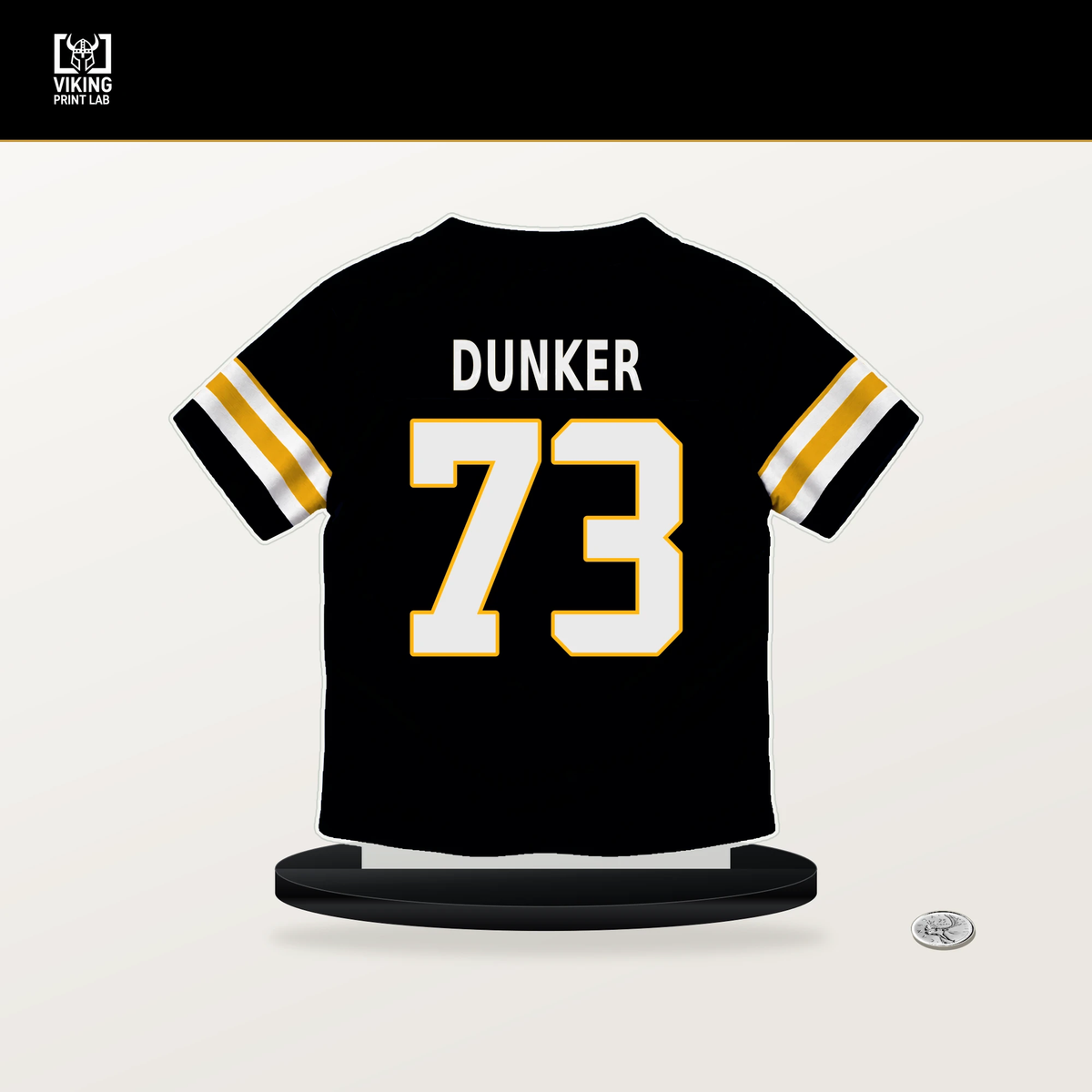 Gennings Dunker number 73 Pittsburgh Steelers jersey stand with included black base.