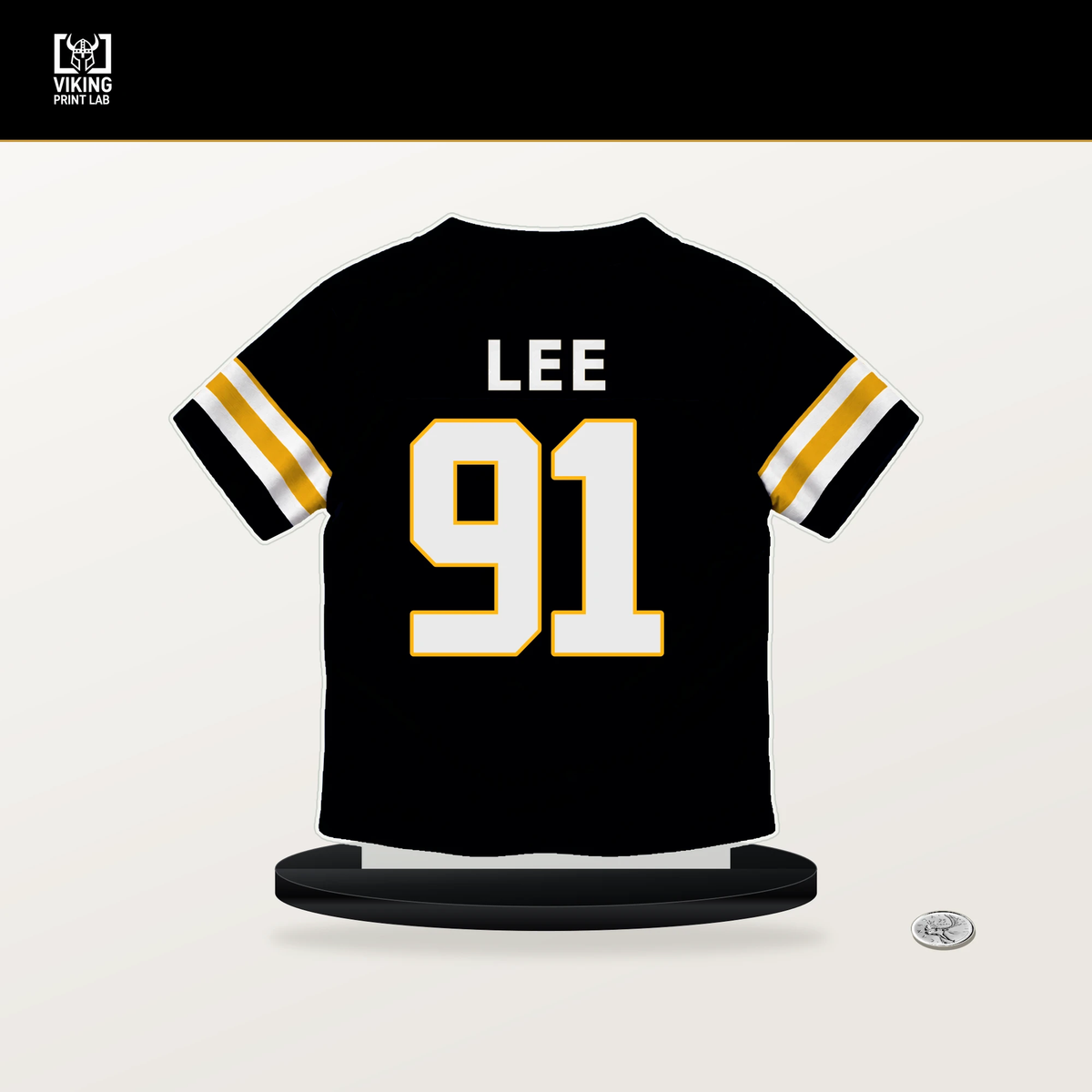 Logan Lee number 91 Pittsburgh Steelers jersey stand with included black base.