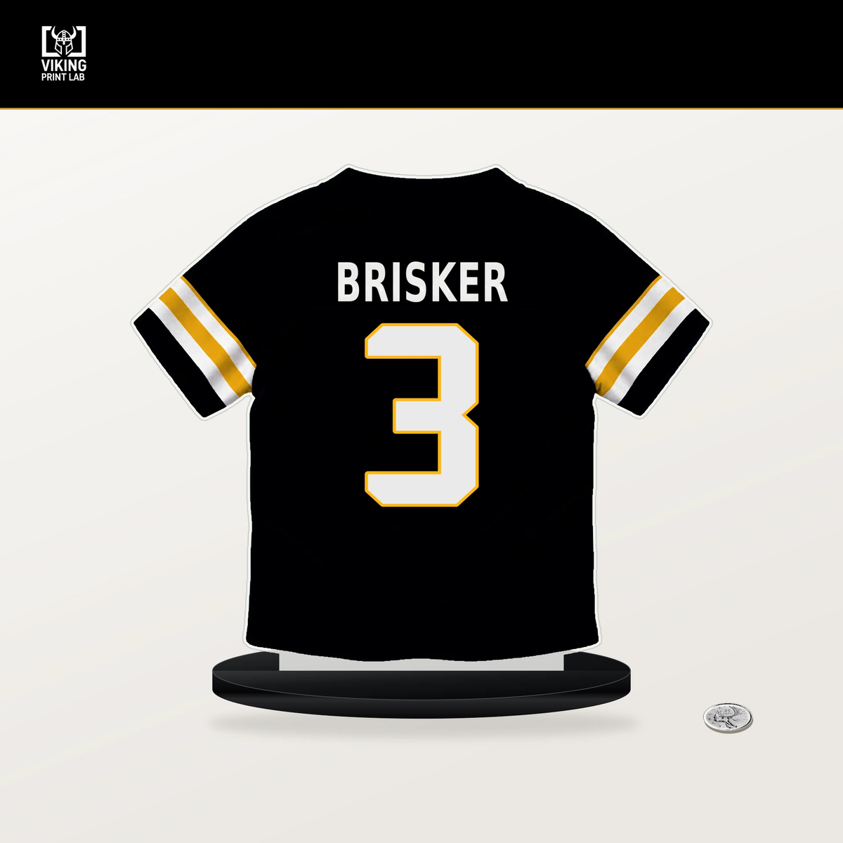 Jaquan Brisker number 3 Pittsburgh Steelers jersey stand with included black base.