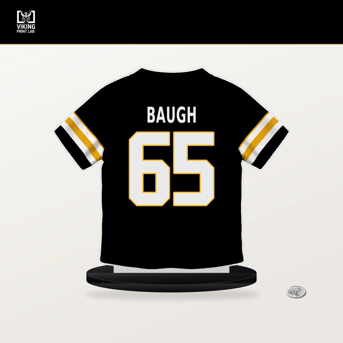 Kyler Baugh number 65 Pittsburgh Steelers jersey stand with included black base.