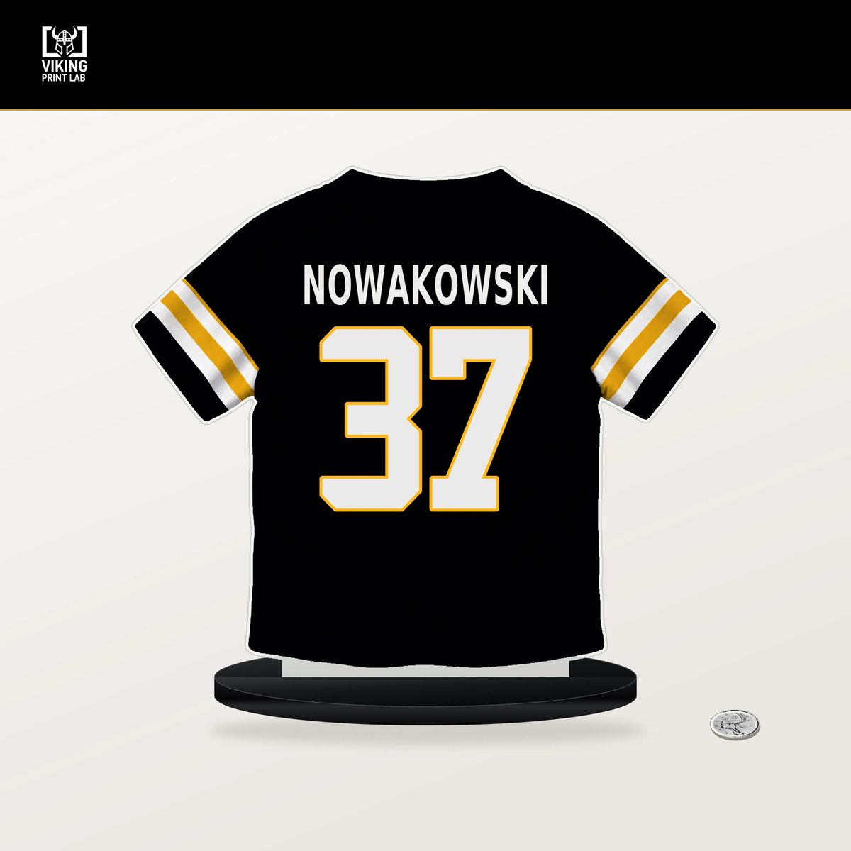 Riley Nowakowski number 37 Pittsburgh Steelers jersey stand with included black base.