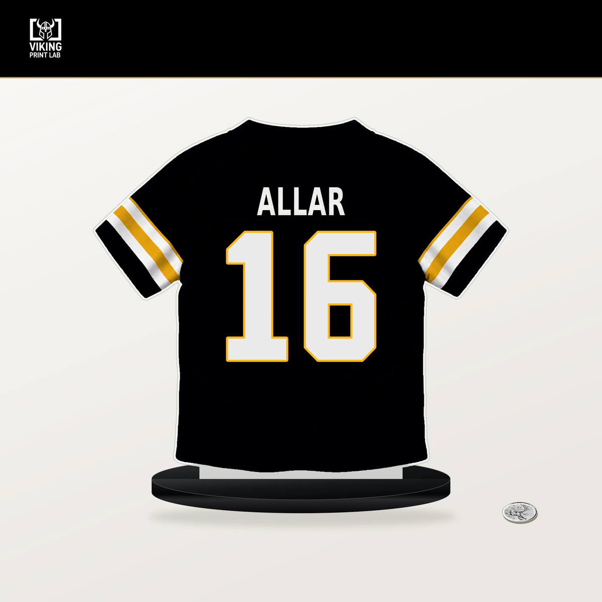 Drew Allar number 16 Pittsburgh Steelers jersey stand with included black base.