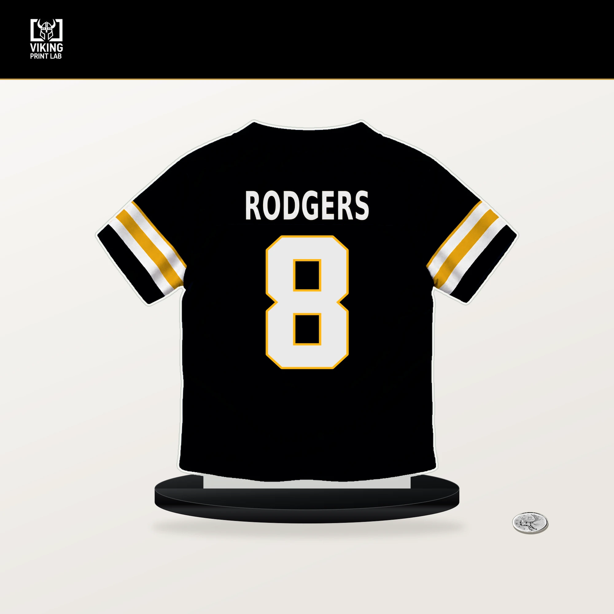 Aaron Rodgers number 8 Pittsburgh Steelers jersey stand with included black base.
